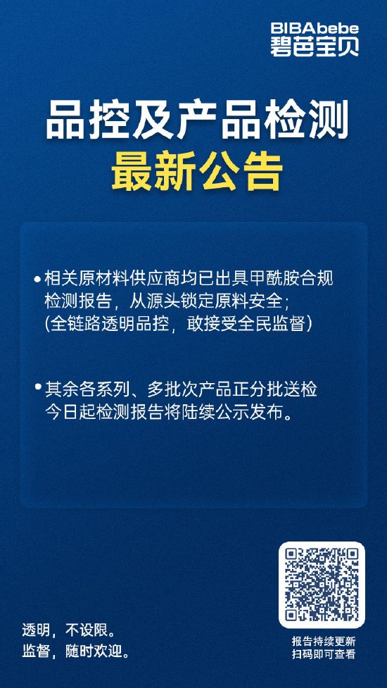 碧芭宝贝纸尿裤最新检测结果：主力款未检出甲酰胺，剩余批次随出随公示